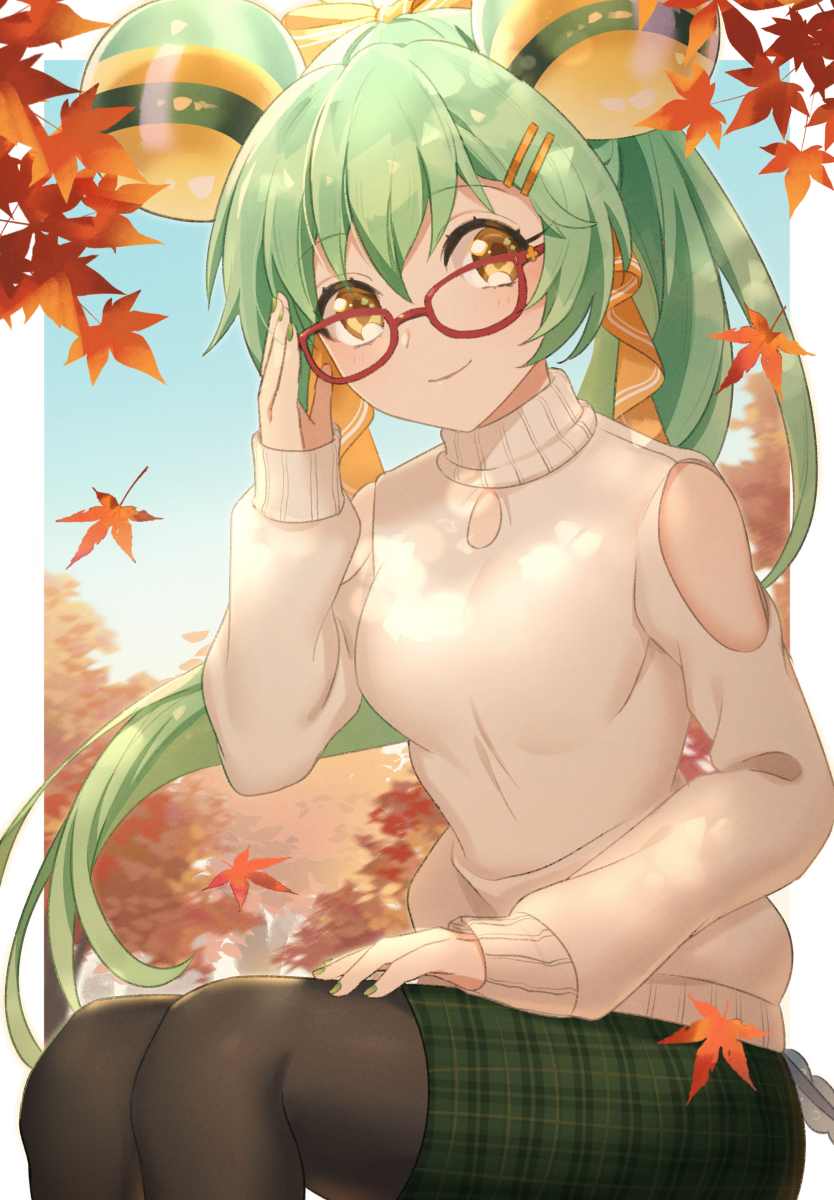 1girl adjusting_eyewear autumn_leaves black_pantyhose blue_sky bow clothing_cutout day feet_out_of_frame glasses green_hair green_nails green_skirt hair_bow hair_ornament hairpin hand_on_eyewear hand_up highres jacklyn_(show_by_rock!!) leaf long_hair looking_at_viewer mel6969 outdoors outside_border pantyhose pillarboxed plaid_clothes plaid_skirt ponytail red-framed_eyewear shoulder_cutout show_by_rock!! sitting skirt sky smile solo sweater tadpole_tail turtleneck turtleneck_sweater white_sweater yellow_eyes