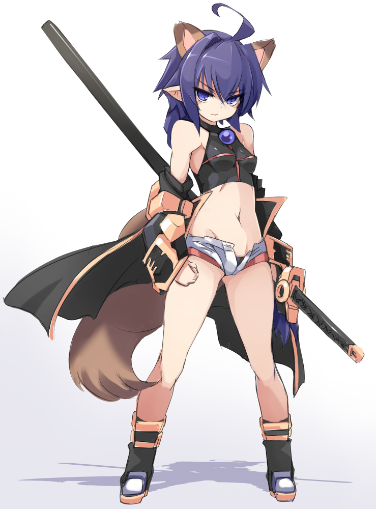 1girl ahoge animal_ears breasts extra_ears female_focus full_body karukan_(monjya) long_hair matsuhime_mujina micro_shorts navel open_clothes open_shorts pointy_ears purple_eyes purple_hair raccoon_ears raccoon_tail shadow sheath sheathed shinrabanshou shorts simple_background small_breasts solo standing sword tail weapon white_background