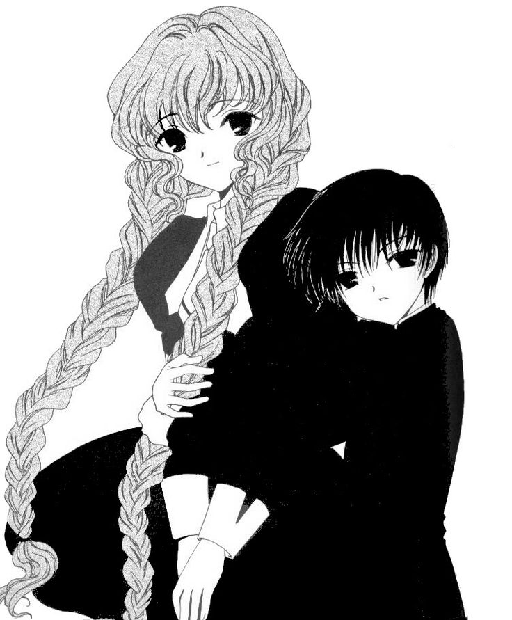 00s 1boy 1girl age_difference ascot black_eyes black_hair braid child chobits clamp closed_mouth collared_shirt dress height_difference hug kokubunji_minoru long_hair looking_at_viewer monochrome official_art parted_lips shirt simple_background size_difference smile twin_braids upper_body very_long_hair white_background yuzuki_(chobits)