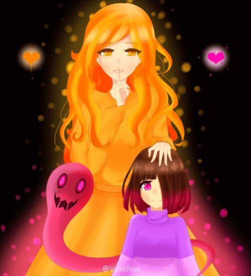 agate_lightvale akumu_(glitchtale) bete_noire black_background brown_hair dress eyeshadow glitchtale kumu_(glitchtale) long_hair orange_dress orange_eyeshadow orange_hair pink_eyes pink_sweater purple_sweater short_hair sweater undertale watermark