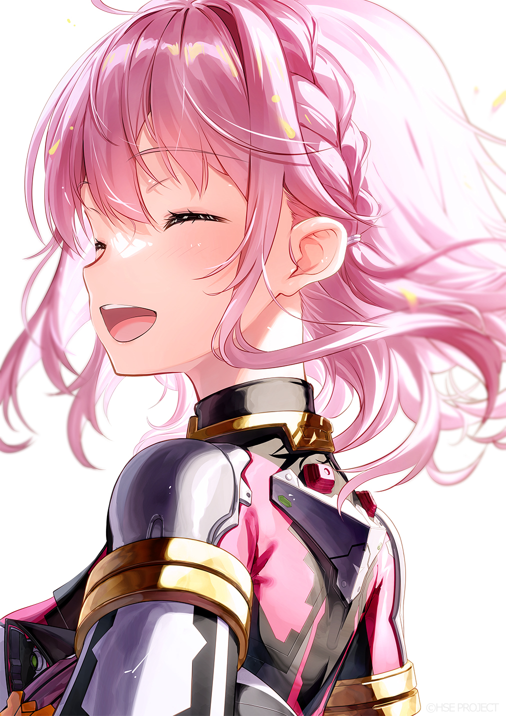 1girl :d ^_^ black_bodysuit bodysuit braid closed_eyes commentary_request from_side fujima_takuya hair_between_eyes highres highspeed_etoile long_hair open_mouth pink_hair rindo_rin simple_background smile solo translation_request upper_body white_background