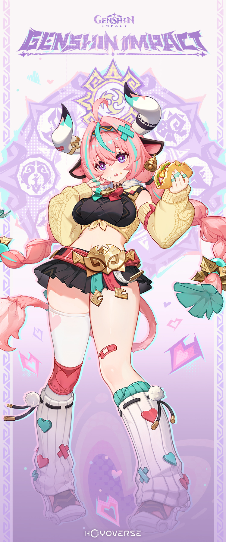 1girl :o ahoge animal_ears aqua_hair bandaid bandaid_on_cheek bandaid_on_face bandaid_on_horn bandaid_on_leg bell bell_earrings belt black_hairband black_skirt blush braid breasts commentary cow_ears cow_girl cow_horns cow_tail crossed_bangs detached_sleeves earrings english_commentary food food_on_face genshin_impact hair_between_eyes hair_intakes hairband heart heart_print highres holding holding_food horns jewelry large_breasts leg_warmers long_hair long_sleeves looking_at_viewer low_twin_braids midriff miniskirt multicolored_hair official_art open_mouth pink_belt pink_hair pink_tail pleated_skirt pom_pom_(clothes) puffy_detached_sleeves puffy_sleeves purple_eyes single_thighhigh skirt solo streaked_hair taco tail thick_thighs thigh_strap thighhighs thighs twin_braids varesa_(genshin_impact) very_long_hair white_leg_warmers white_thighhighs