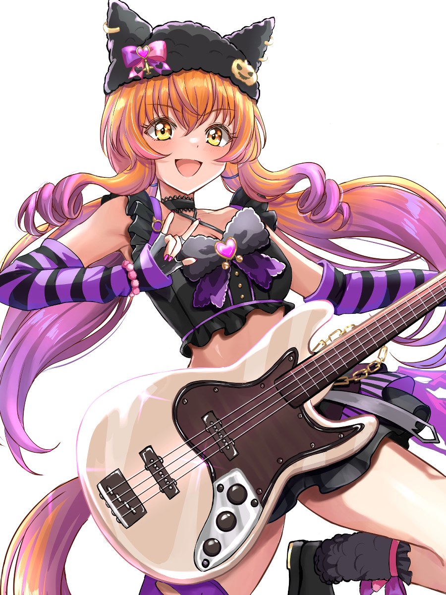 1girl animal_ears black_choker black_hat black_skirt black_socks blush bow breasts brown_ribbon choker crop_top detached_sleeves ear_ribbon electric_guitar fingerless_gloves gloves gradient_hair guitar hat hat_ornament highres holding holding_instrument horse_ears horse_girl instrument looking_at_viewer mayano_top_gun_(umamusume) midriff multicolored_hair open_mouth orange_hair purple_hair red_nails ribbon simple_background single_thighhigh skirt small_breasts smile socks solo striped_clothes striped_gloves striped_thighhighs thighhighs tsukiyuki_mike twintails umamusume white_background yellow_eyes