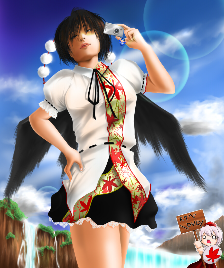 2girls 3d 7ban bard black_hair black_wings cameo camera cirno female_focus hat inubashiri_momiji multiple_girls nature realistic ribbon shameimaru_aya shield short_hair skirt touhou translated white_hair wings