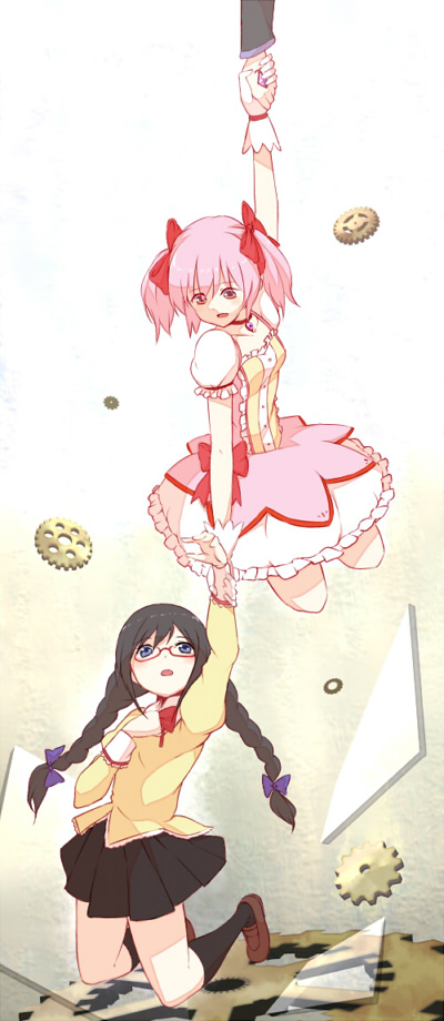 10s 2girls :o akemi_homura bad_id bad_pixiv_id black_hair bow braid gears glasses hair_bow holding_hands kaname_madoka kaname_madoka_(magical_girl) kneehighs loafers magical_girl mahou_shoujo_madoka_magica mahou_shoujo_madoka_magica_(anime) multiple_girls open_mouth pink_eyes pink_hair purple_eyes red-framed_eyewear school_uniform shoes short_twintails socks tsuchifumazu twin_braids twintails