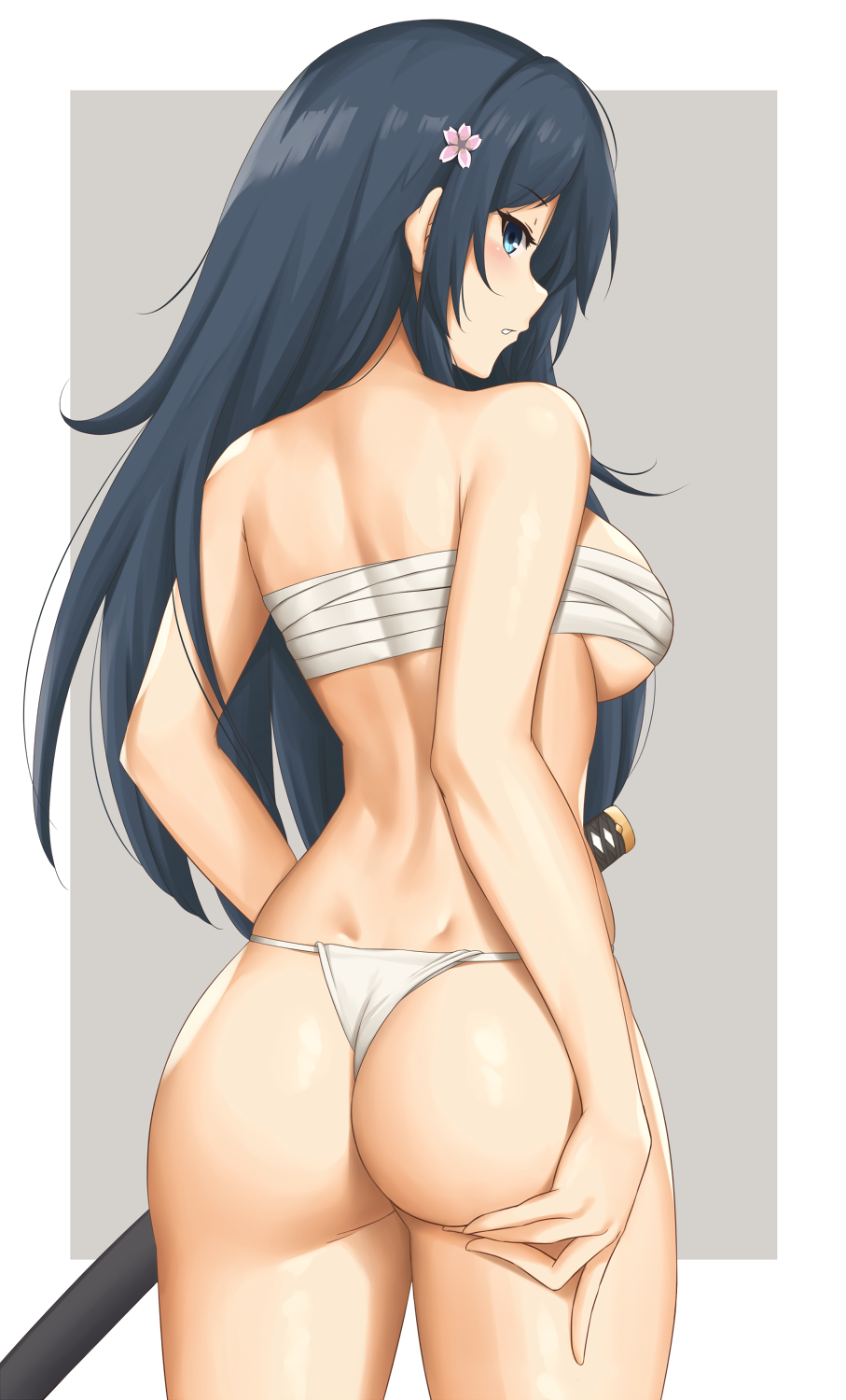 1girl arcie_albano ass bandages bare_arms bare_shoulders black_hair blue_eyes breasts chest_sarashi commentary_request cowboy_shot flower from_behind fundoshi grey_background hair_flower hair_ornament highres japanese_clothes large_breasts long_hair looking_at_viewer looking_back original profile purple_flower sarashi scabbard sheath solo standing strapless thighs tube_top white_background