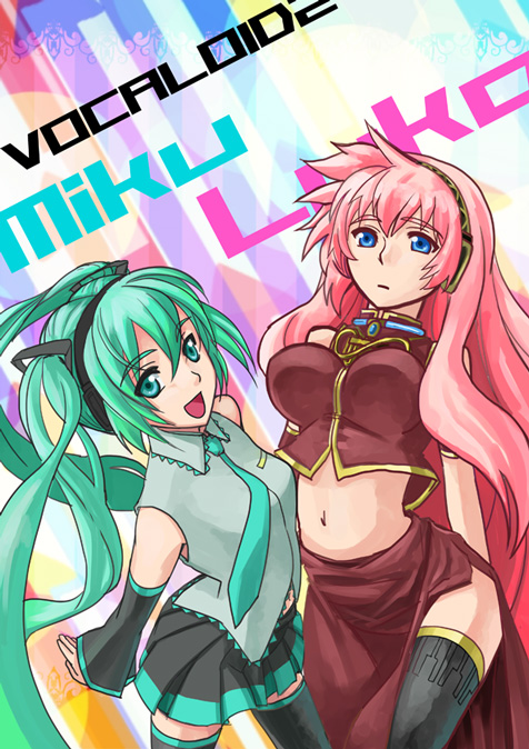 2girls aqua_eyes aqua_hair blue_eyes detached_sleeves hatsune_miku long_hair megurine_luka midriff multiple_girls mura mura_(kiyohime) navel necktie pink_hair skirt thighhighs twintails vocaloid zettai_ryouiki