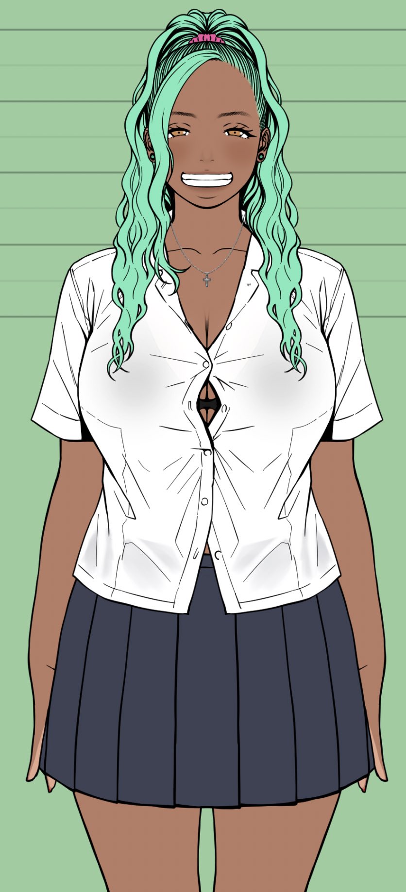 1girl aqua_hair arms_at_sides bad_id bad_twitter_id bra bra_peek breasts cleavage collarbone collared_shirt commentary_request cowboy_shot cross cross_necklace curvy dark-skinned_female dark_skin dress_shirt earrings green_background grey_skirt grin hair_ornament hair_over_breasts hair_scrunchie half-closed_eyes height_mark highres isabella_(kuzukago) jewelry kuzukago_(bitchmaker) large_breasts long_hair looking_at_viewer necklace orange_eyes original partially_unbuttoned pleated_skirt ponytail school_uniform scrunchie shirt short_sleeves skirt smile solo standing straight-on stud_earrings underwear wavy_hair white_shirt