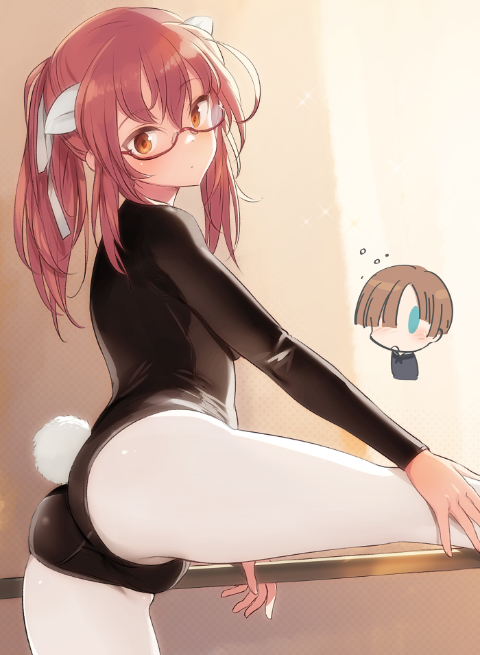 1boy 1girl animal_ears ass athletic_leotard brown_eyes brown_hair cowboy_shot dog_ears glasses joanna_elizabeth_stafford leg_up leotard long_hair looking_at_viewer luminous_witches pantyhose rabbit_tail red-framed_eyewear shimada_fumikane standing standing_on_one_leg sylvie_cariello tail twintails white_pantyhose world_witches_series