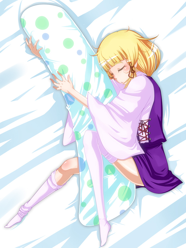 1girl bad_id bad_pixiv_id blonde_hair female_focus moriya_suwako pillow ranchuu ranchuu_(akamusume) short_hair sleeping solo thighhighs touhou