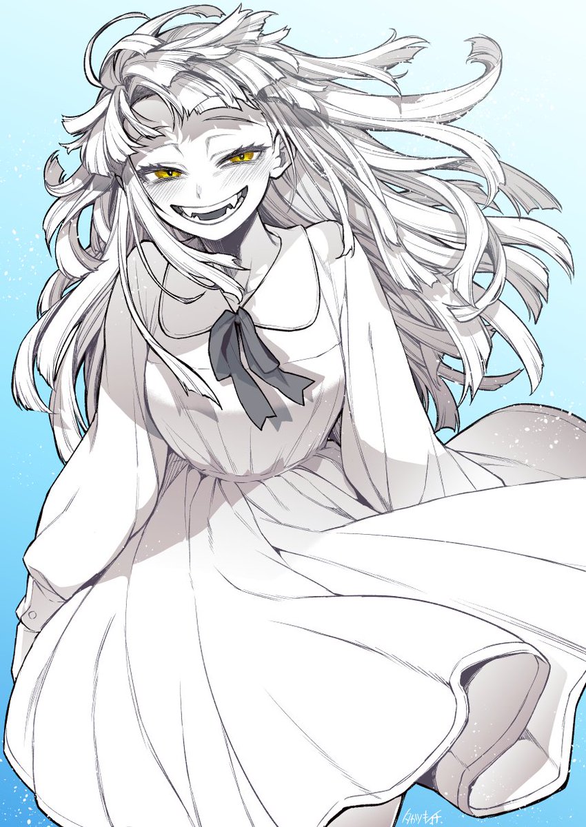 1girl alternate_hairstyle blush boku_no_hero_academia dress fangs floating_hair greyscale_with_colored_background highres long_hair looking_at_viewer neck_ribbon ribbon signature smile solo spot_color takatsuki_ichi toga_himiko yellow_eyes