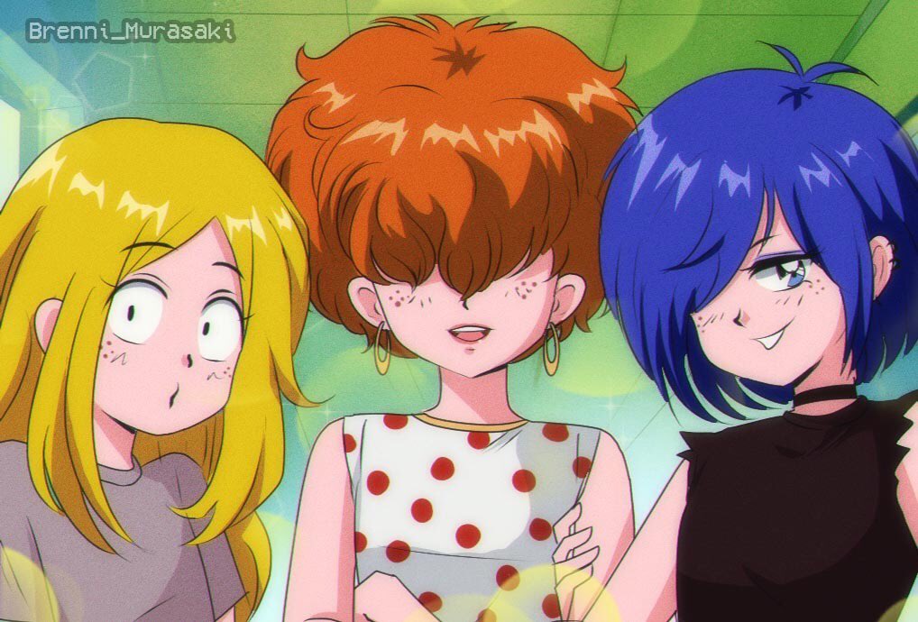 1990s_(style) 3girls animification artist_name big_hair black_choker black_shirt blonde_hair blue_eyes blue_eyeshadow blue_hair brenni_murasaki cartoon_network choker earrings ed_edd_n_eddy eyeshadow facing_viewer freckles grey_shirt hair_over_eyes hair_over_one_eye hoop_earrings jewelry lee_kanker long_hair looking_at_viewer makeup marie_kanker may_kanker multiple_girls open_mouth orange_hair polka_dot polka_dot_shirt retro_artstyle shirt short_sleeves siblings sisters sleeveless sleeveless_shirt smile smirk white_shirt wide-eyed