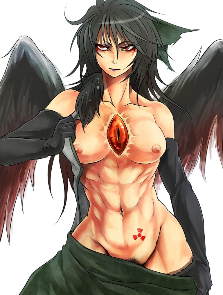 1girl abs black_gloves black_hair black_pubic_hair black_wings bow breasts closed_mouth commentary_request cowboy_shot elbow_gloves expressionless feathered_wings female_pubic_hair gloves green_bow hair_bow hair_over_shoulder large_breasts long_hair looking_afar navel nipples pubic_hair radiation_symbol_tattoo red_eyes reiuji_utsuho ryuuichi_(f_dragon) simple_background solo third_eye toned toned_female touhou undressing white_background wings