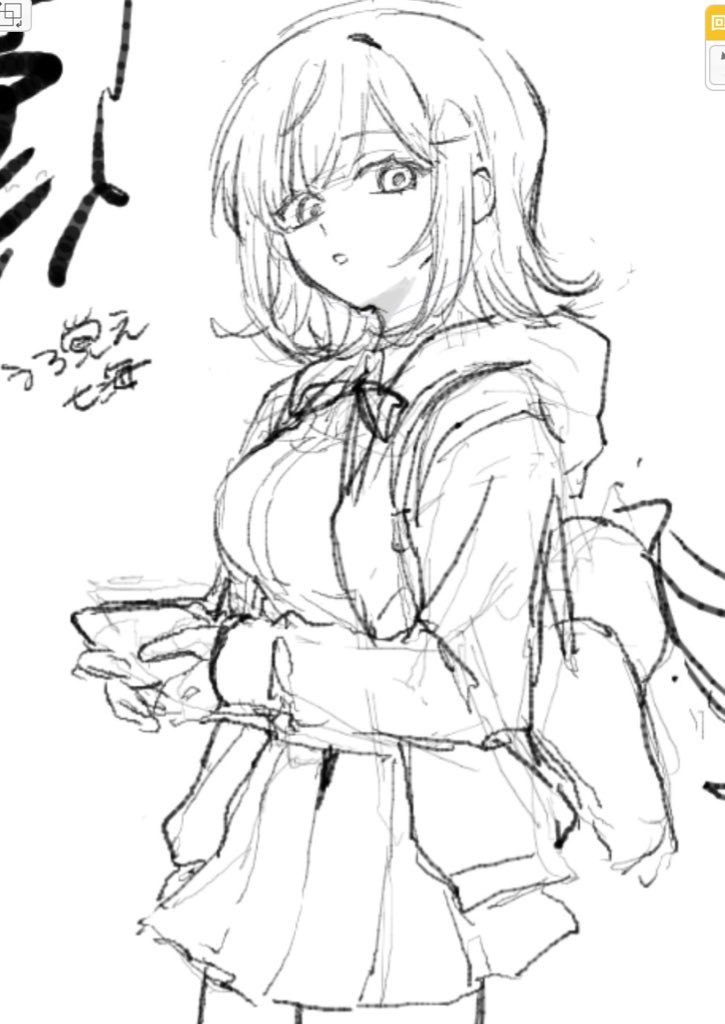 1girl :o animal_bag backpack bag breasts cat_bag collared_shirt cowboy_shot danganronpa_(series) danganronpa_2:_goodbye_despair from_side greyscale hair_ornament holding hood hood_down hooded_jacket jacket large_breasts long_sleeves medium_hair miniskirt monochrome nanami_chiaki neck_ribbon odjisanhonpo open_clothes open_jacket pleated_skirt ribbon shirt sketch skirt solo translation_request triangle_hair_ornament