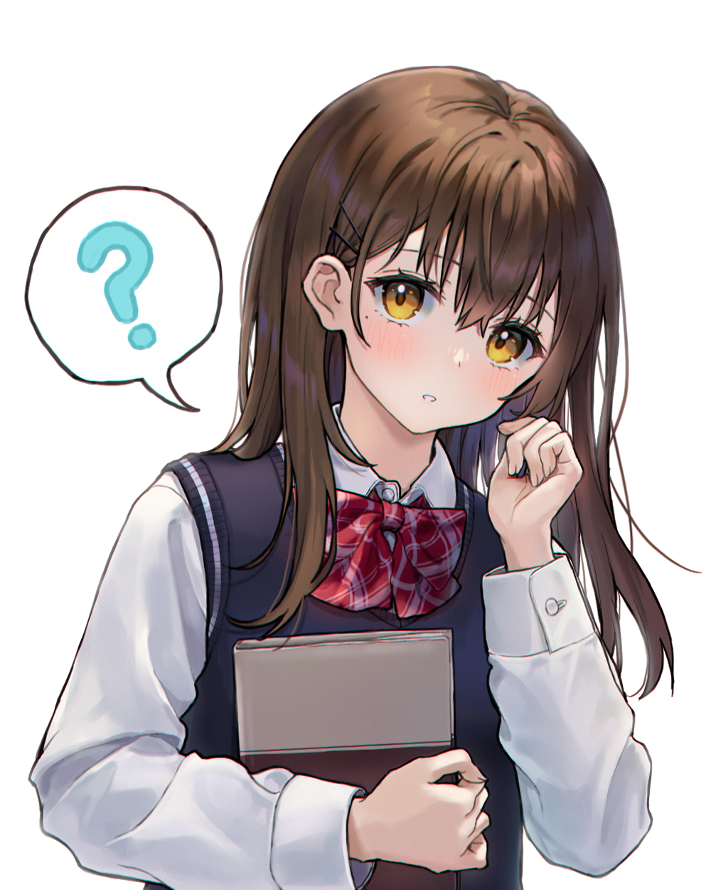 1girl ? blue_sweater_vest blush book bow bowtie brown_hair collared_shirt commentary hand_up highres holding holding_book hue_oo long_hair long_sleeves looking_at_viewer original parted_lips red_bow red_bowtie school_uniform shirt simple_background solo spoken_question_mark sweater_vest symbol-only_commentary upper_body white_background white_shirt yellow_eyes