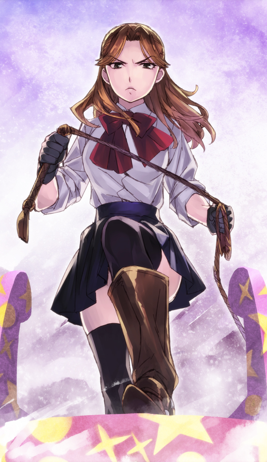 10s 1girl angry bad_id bad_pixiv_id boots breasts brown_hair female_focus gin_no_saji inada_tamako long_hair looking_at_viewer matsuryuu skirt solo thighhighs whip