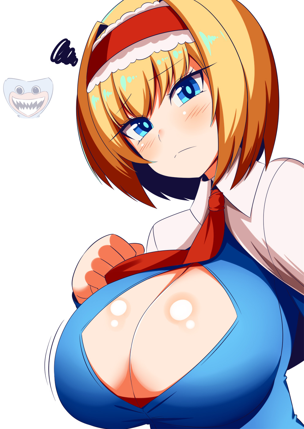 alice_margatroid ascot blonde_hair blue_dress blue_eyes breasts capelet cleavage cleavage_cutout clothing_cutout dress frilled_ascot frilled_dress frilled_hairband frills gero_zoukin hairband highres large_breasts lolita_hairband poppy_playtime poppy_playtime_(character) red_ascot red_hairband simple_background touhou white_background white_capelet