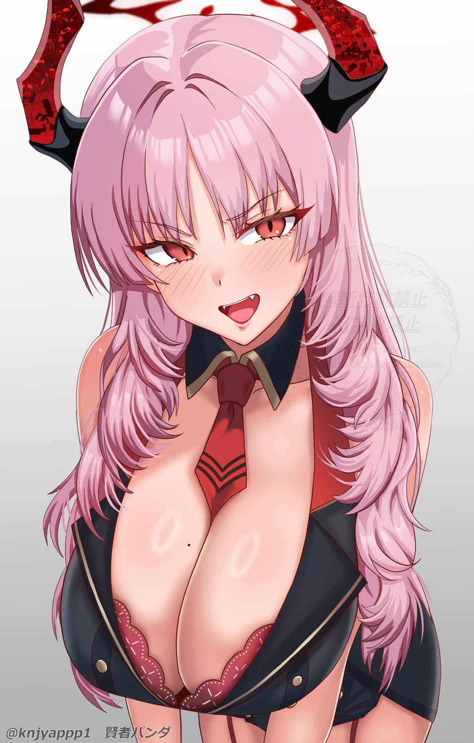 1girl bare_shoulders bent_over black_collar black_dress black_horns blue_archive blush bra bra_peek breasts collar collarbone detached_collar dress fangs highres horns huge_breasts kenja_panda long_hair looking_at_viewer mole mole_on_breast necktie open_mouth pink_eyes pink_hair red_bra red_garter_straps red_hair red_horns red_necktie satsuki_(blue_archive) shiny_skin solo teeth thighs twitter_username underwear white_background