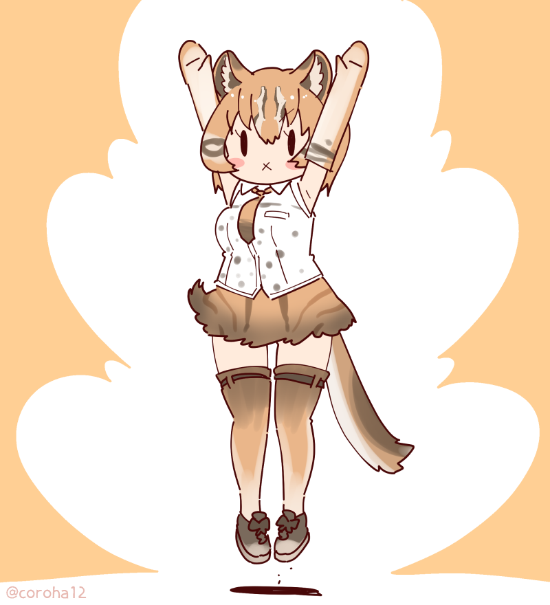 1girl animal_ears arms_up asian_golden_cat_(kemono_friends) brown_background brown_hair cat_ears cat_girl cat_tail coroha elbow_gloves extra_ears full_body gloves jumping kemono_friends looking_at_viewer necktie shirt shoes simple_background skirt sleeveless sleeveless_shirt solo tail thighhighs