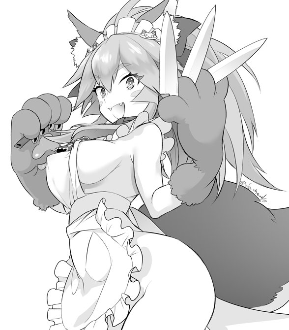 1girl animal_ears animal_hands apron arched_back blush_stickers breasts cat_hair_ornament commentary_request covered_erect_nipples fangs fate/grand_order fate_(series) fox_ears fox_girl fox_tail gloves hair_ornament holding holding_knife knife large_breasts long_hair maid_apron maid_headdress naked_apron open_mouth paw_gloves paw_shoes shiromako smile solo tail tamamo_(fate) tamamo_cat_(fate)