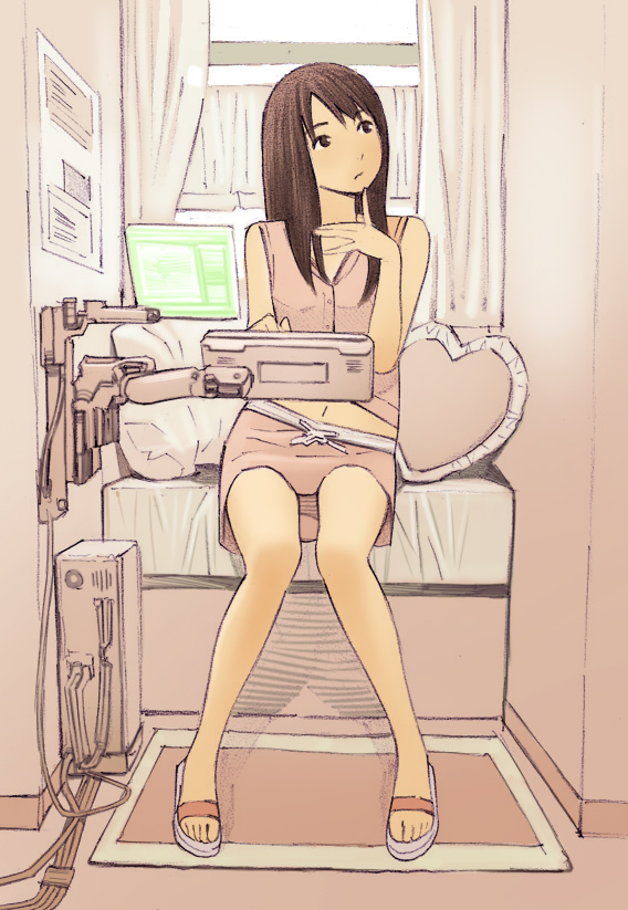 1girl barefoot_slippers bed black_eyes brown_hair buttons cable closed_mouth computer curtains dot_nose indoors knees_together_feet_apart long_hair looking_to_the_side midriff monitor navel original pink_shirt pink_skirt shirt skirt sleeveless sleeveless_shirt slippers solo swept_bangs window yoshitomi_akihito