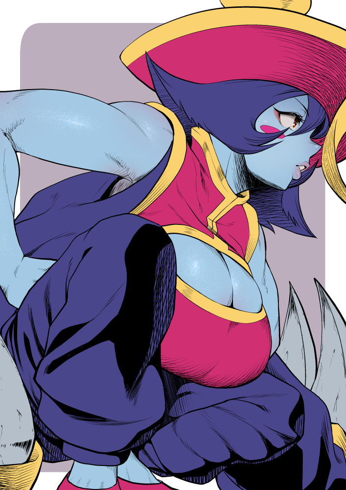 1girl blue_hair blue_skin breasts capcom claws cleavage cleavage_cutout clothing_cutout colored_skin eyeshadow hat huge_breasts jiangshi hsien-ko lzdefmwkh5odena makeup pants shirt slippers darkstalkers