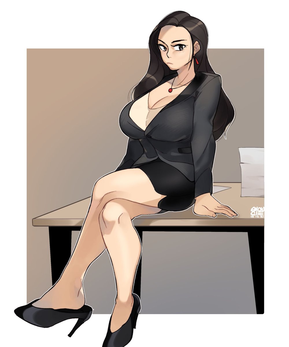 1girl black_eyes black_footwear black_skirt breasts cleavage collarbone commentary crossed_legs dated earrings english_commentary grey_jacket hair_behind_ear high_heels highres huge_breasts jacket jewelry long_hair looking_at_viewer necklace original papers pencil_skirt signature skirt snowcie solo