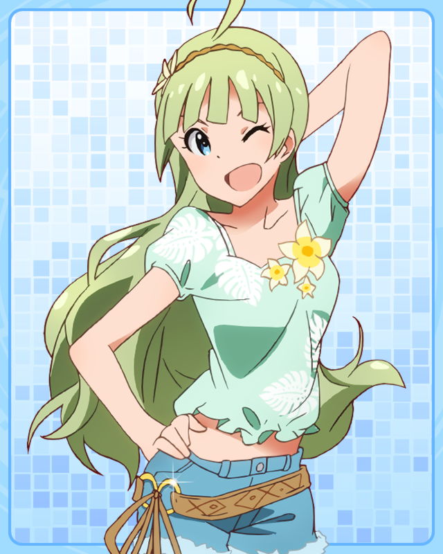 10s 1girl :d ;d aqua_eyes arm_up belt female_focus green_hair hairband hand_on_own_head hand_on_own_hip idolmaster idolmaster_million_live! kawakami_tetsuya long_hair looking_at_viewer official_art one_eye_closed open_mouth shimabara_elena smile solo