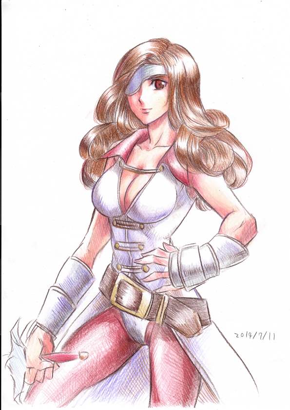 1girl beatrix belt breasts brown_eyes brown_hair cleavage closed_mouth commentary_request eyepatch female_focus final_fantasy final_fantasy_ix long_hair pantyhose sio2_(nisankakeiso) solo sword weapon