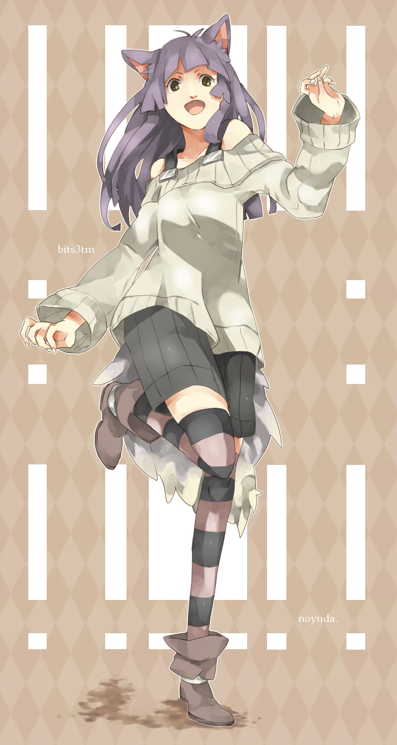 1girl bad_id bad_pixiv_id bare_shoulders boots female_focus full_body highres long_hair long_sleeves multicolored_clothes multicolored_legwear oomsz pants patterned_legwear purple_hair running shorts smile solo sweater tail thighhighs two-tone_stripes yellow_eyes