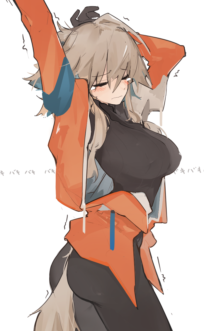 1girl arknights arms_up ass black_bodysuit blush bodysuit breasts closed_mouth commentary covered_erect_nipples cowboy_shot closed_eyes from_side hair_between_eyes jacket large_breasts light_brown_hair mayer_(arknights) medium_hair mikozin orange_jacket otter_tail ribbed_bodysuit simple_background skin_tight solo stretching tail tears trembling wavy_mouth white_background