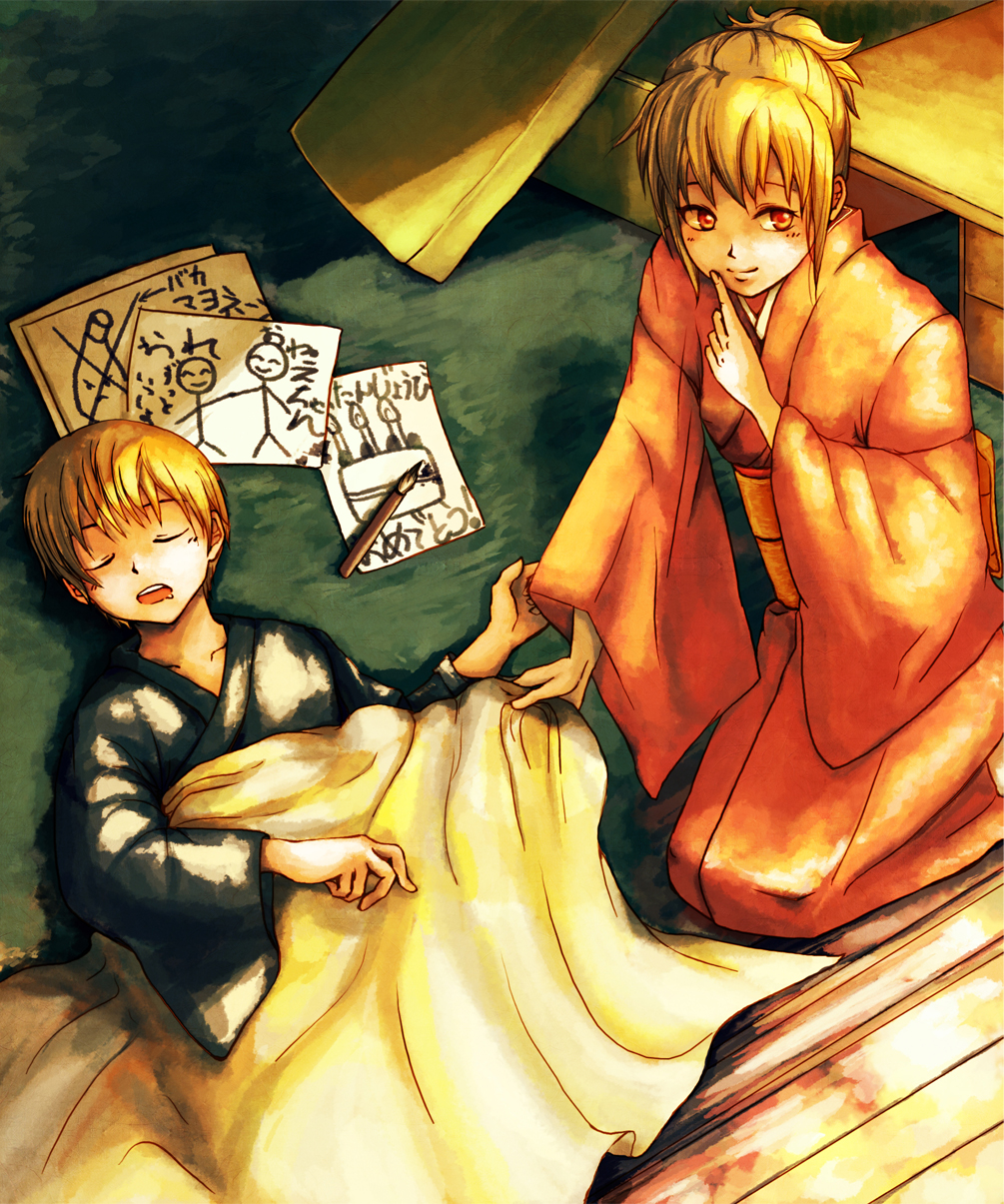 1boy 1girl asano_hako bad_id bad_pixiv_id blonde_hair calligraphy_brush drawing gintama highres japanese_clothes kimono mitsuba_sougo okita_sougo open_mouth paintbrush red_eyes saliva short_hair siblings sleeping aged_down