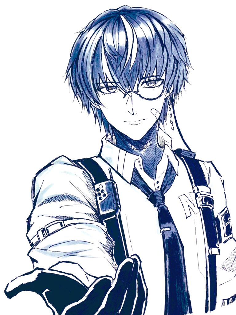 1boy alternate_costume bandaid bandaid_on_cheek bandaid_on_face collared_shirt gloves greyscale izumi_965_15m long_sleeves looking_at_viewer mechabare monochrome noan_(pgr) punishing:_gray_raven shirt solo suspenders tagme