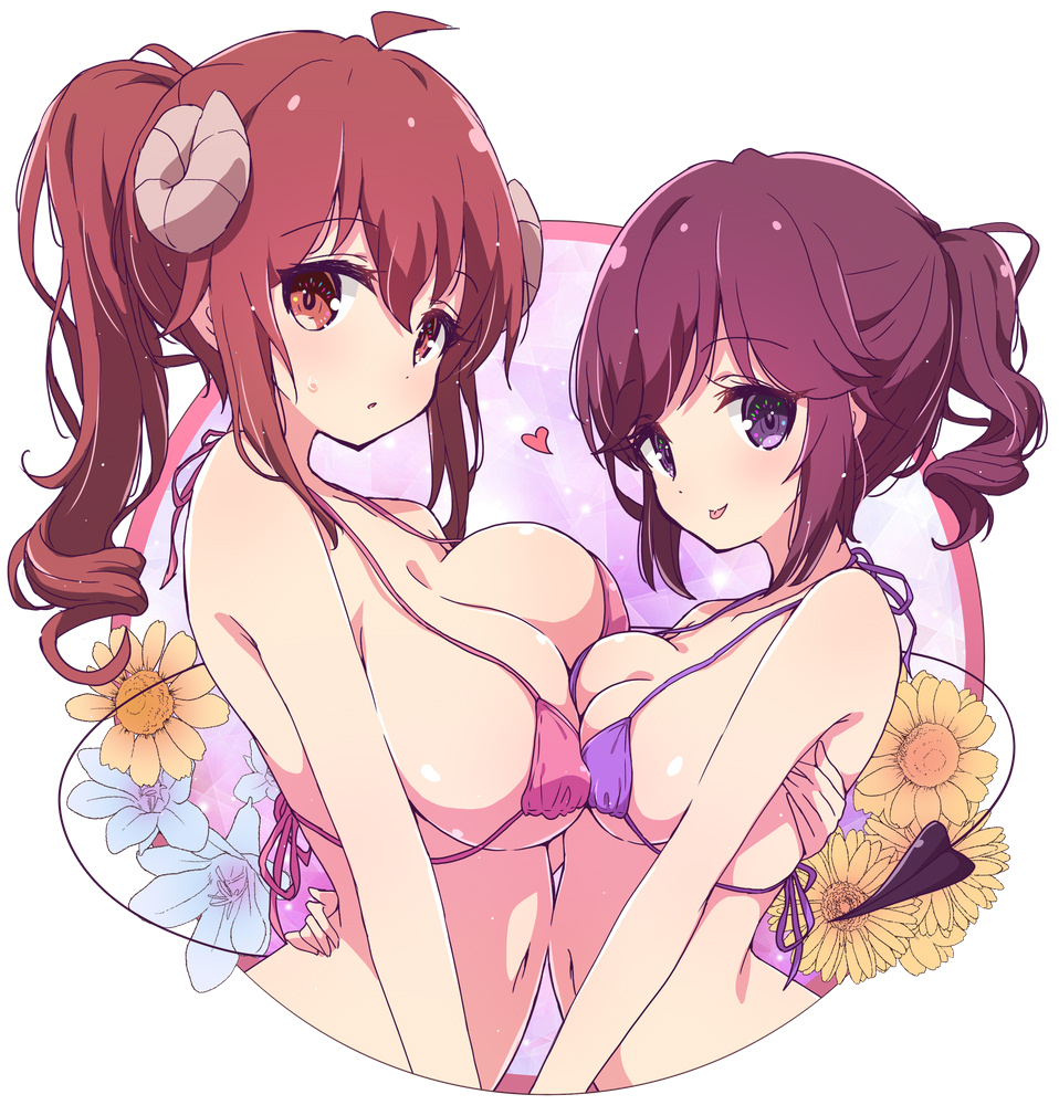 2girls :p ahoge bikini breast_press breasts commentary_request cropped_torso curled_horns demon_girl demon_horns demon_tail hair_between_eyes heart horns large_breasts long_hair looking_at_viewer machikado_mazoku medium_breasts mel_(melty_pot) multiple_girls navel pink_bikini ponytail purple_bikini purple_eyes purple_hair red_eyes red_hair short_hair siblings simple_background sisters swimsuit symmetrical_docking tail tongue tongue_out upper_body white_background yoshida_ryouko yoshida_yuuko_(machikado_mazoku)