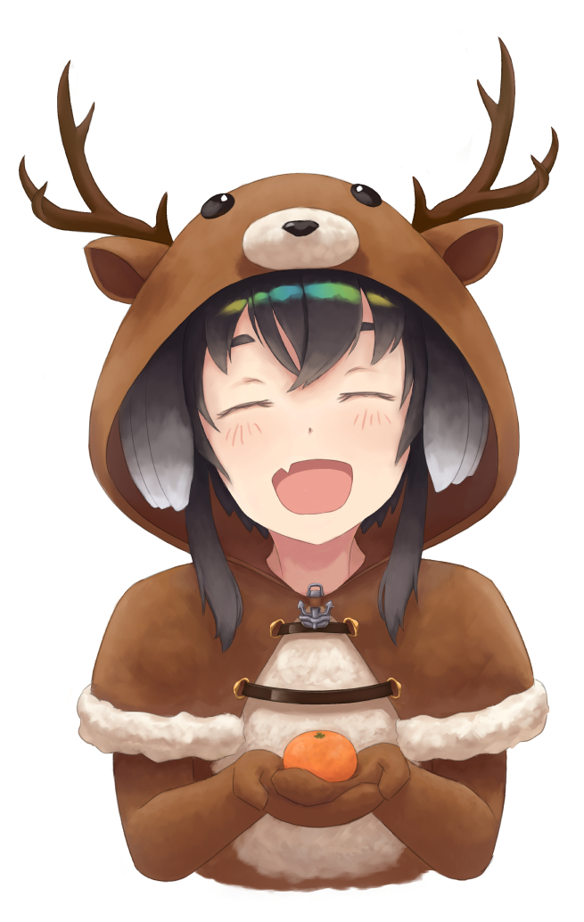 10s 1girl :d ^_^ anidante animal_costume animal_hood black_hair blush capelet closed_eyes cupping_hands fang female_focus food fruit fur_trim hair_between_eyes head_tilt hood kantai_collection long_hair mandarin_orange multicolored_hair open_mouth orange_(fruit) own_hands_together reindeer_costume reindeer_hood short_hair_with_long_locks simple_background smile solo tokitsukaze_(kancolle) two-tone_hair upper_body white_background white_hair