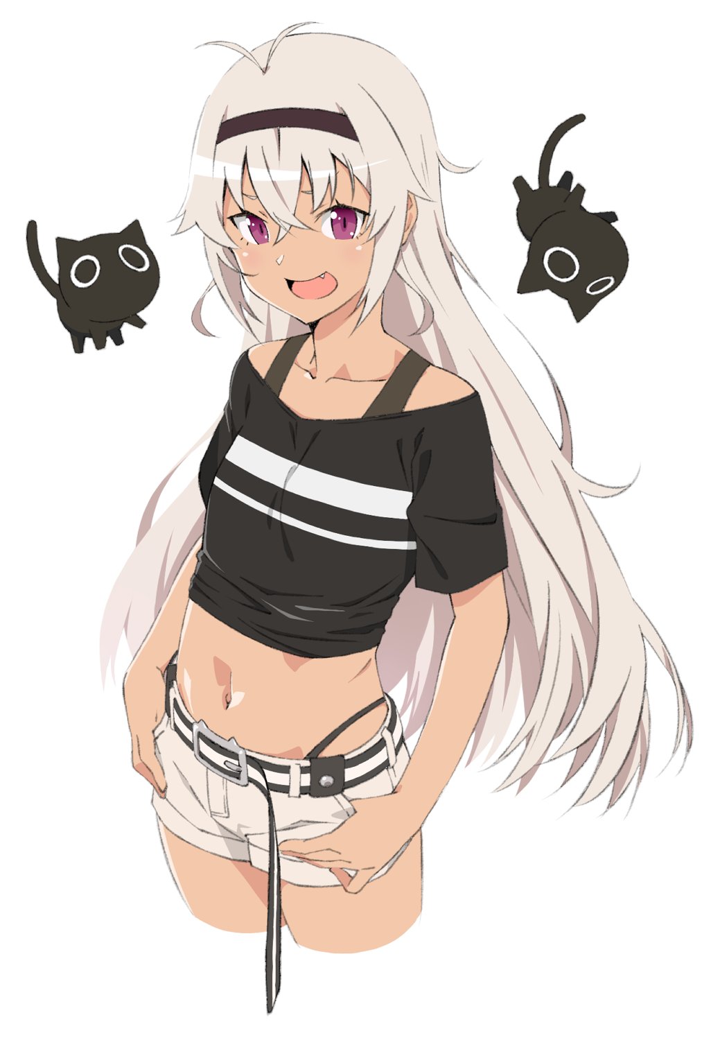 1girl akitetsu black_panties blush cat commentary_request crop_top cropped_legs dark-skinned_female dark_skin fang flat_chest grey_hair hair_down highres long_hair looking_at_viewer matsukai_mao matsukai_mao_(1st_costume) navel nijisanji open_mouth panties panty_straps purple_eyes short_shorts shorts simple_background smile solo underwear virtual_youtuber white_background