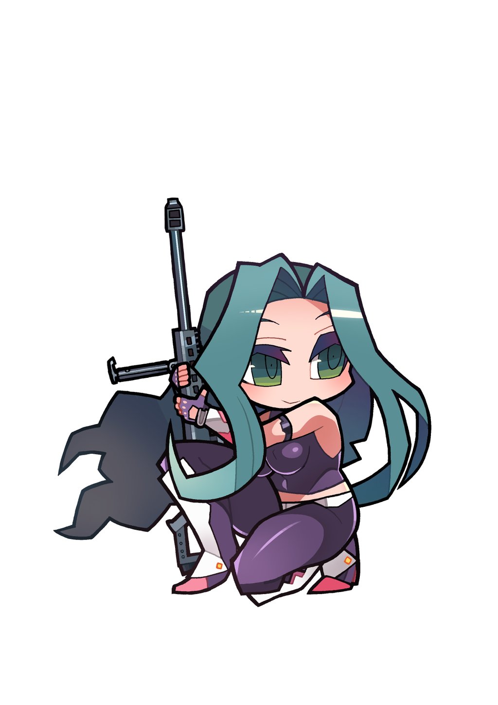 1girl breasts chibi female_focus gun highres kometsubu large_breasts latex long_hair makishima_ayame rifle smile sniper sniper_rifle solo taimanin_(series) taimanin_kurenai weapon wind zol