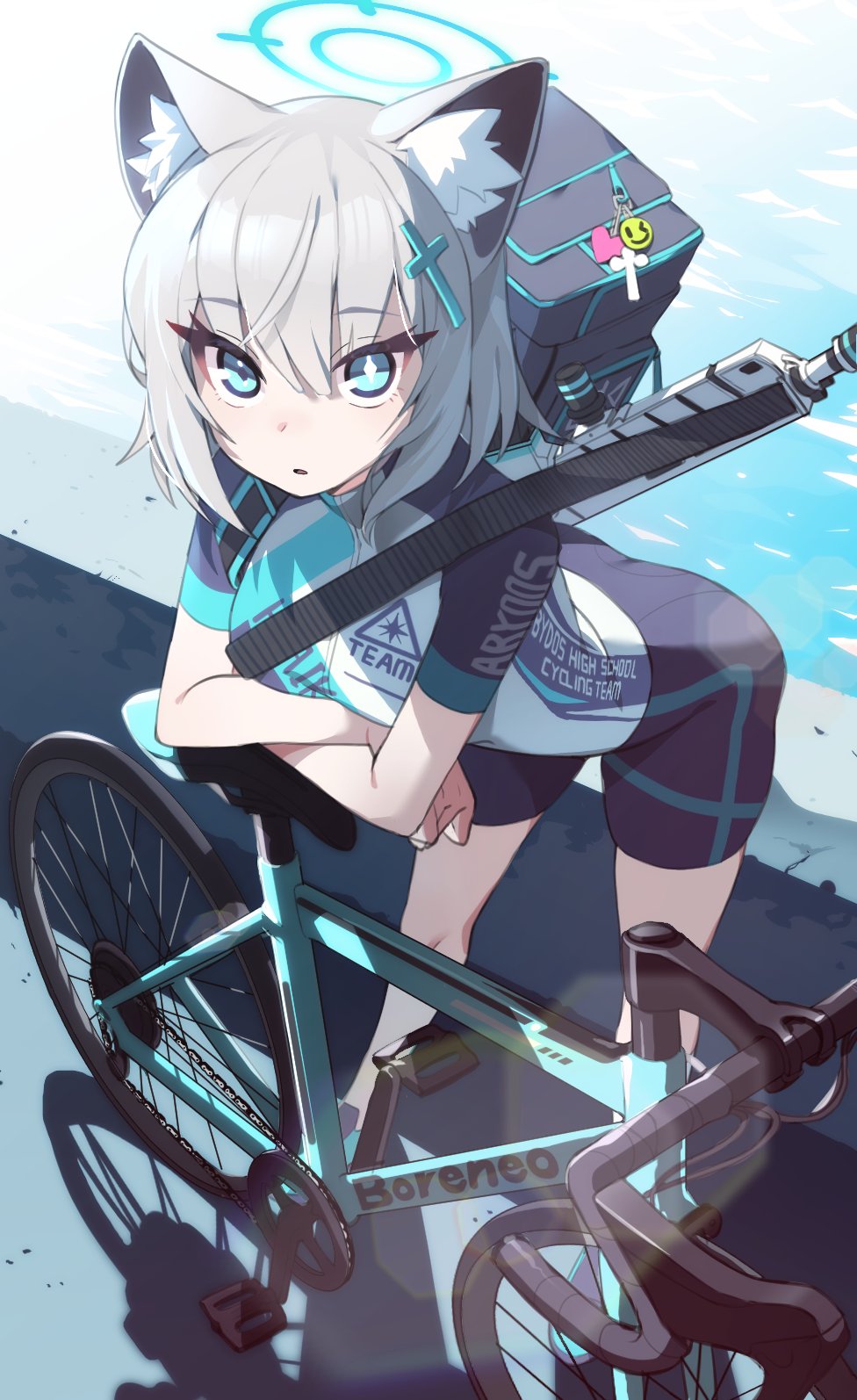 1girl animal_ear_fluff animal_ears arm_rest assault_rifle bag bicycle bike_jersey bike_shorts blue_archive blue_eyes bright_pupils charm_(object) concrete cross_hair_ornament crossed_arms from_above gachop99 grey_hair gun hair_ornament halo highres leaning_forward looking_at_viewer medium_hair mismatched_pupils ocean official_alternate_costume outdoors parted_lips rifle road shiroko_(blue_archive) shiroko_(cycling)_(blue_archive) short_sleeves shorts sig_sauer solo street weapon wolf_ears