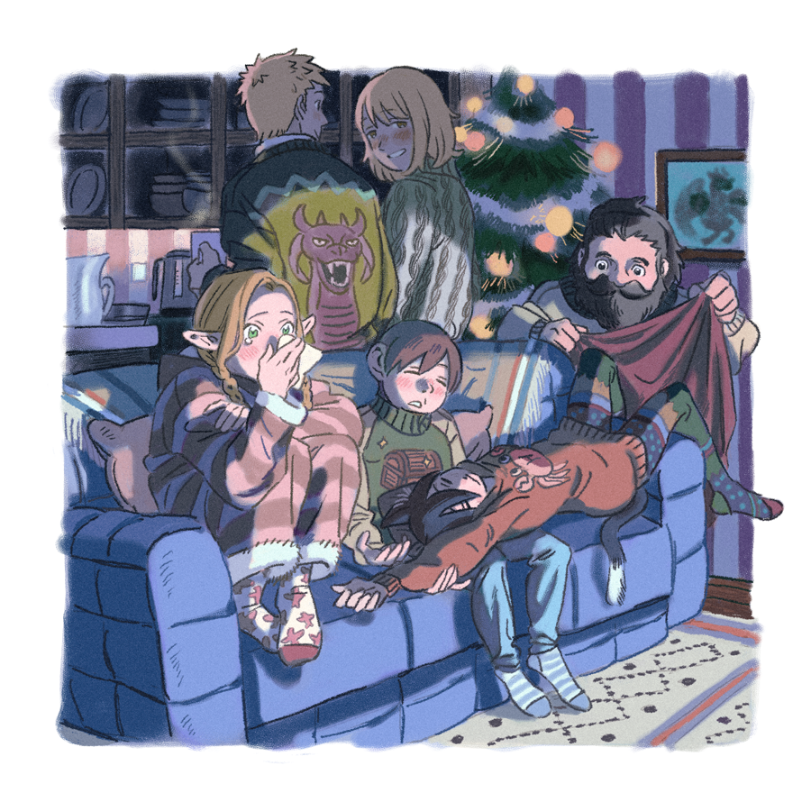 3boys 3girls amber389 beard black_hair blonde_hair blush border brother_and_sister chilchuck_tims christmas_ornaments christmas_tree couch creature crying cup dungeon_meshi facial_hair falin_touden full_body green_eyes holding holding_cup indoors izutsumi laios_touden long_hair marcille_donato multiple_boys multiple_girls mustache on_couch senshi_(dungeon_meshi) short_hair siblings sleeping white_border