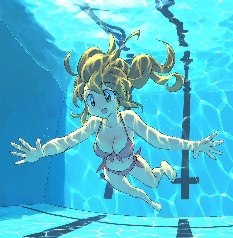 1girl :d backlighting barefoot bikini blue_theme breasts caustics halterneck light_brown_hair masuki medium_breasts navel open_mouth original outstretched_arms pool purple_bikini smile solo spread_arms sunlight swimming swimsuit underwater