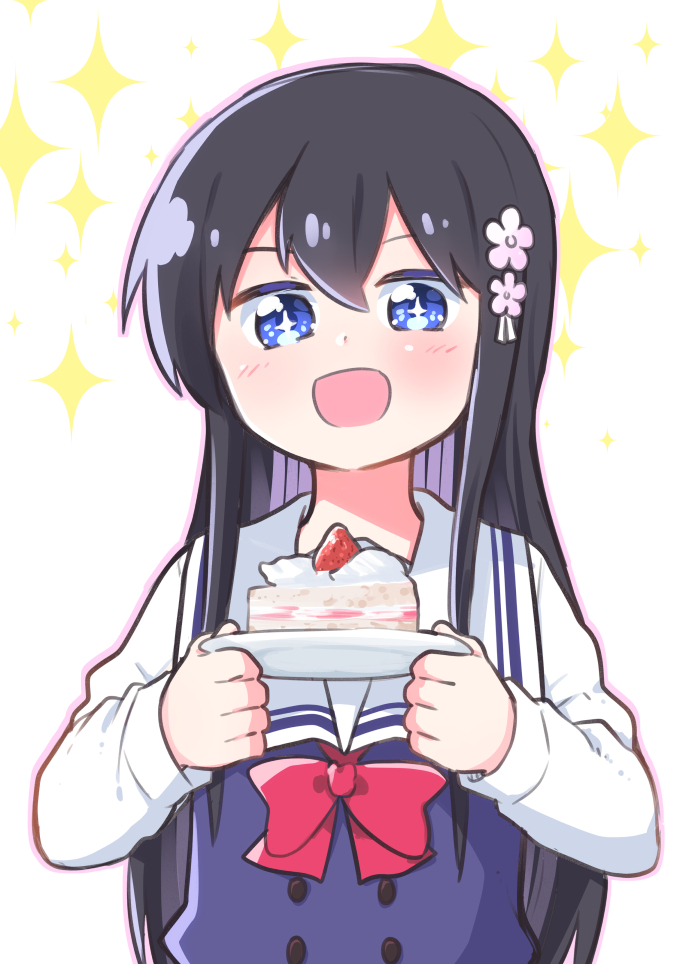 1girl black_hair blue_dress blue_eyes blush bow cake dress fake_food flower food hair_flower hair_ornament holding holding_plate long_hair long_sleeves looking_at_food mukunoki_nanatsu official_art pink_flower plate red_bow sailor_collar sailor_dress shirosaki_hana sparkle_background sparkling_eyes star-shaped_pupils star_(symbol) symbol-shaped_pupils watashi_ni_tenshi_ga_maiorita! white_background white_sailor_collar