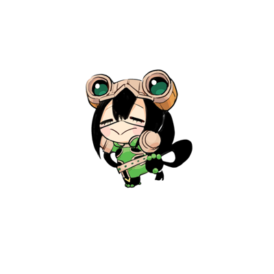 1girl :&gt; asui_tsuyu black_hair bodysuit boku_no_hero_academia chibi closed_eyes facial_mark frog_girl goggles goggles_on_head green_bodysuit hair_between_eyes hair_rings long_hair low-tied_long_hair lowres ohhhhhhtsu simple_background solo white_background