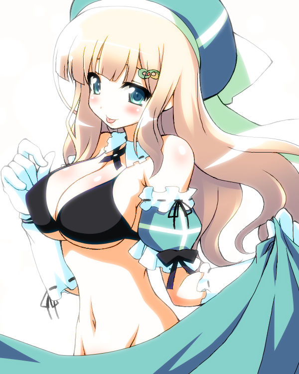 10s 1girl :p aqua_eyes bikini black_bikini blonde_hair blush bra breasts chirorian cleavage detached_collar female_focus gloves groin hat large_breasts lingerie long_hair navel no_panties puffy_sleeves senran_kagura solo source_request swimsuit tongue tongue_out underboob underwear undressing white_gloves yomi_(senran_kagura)