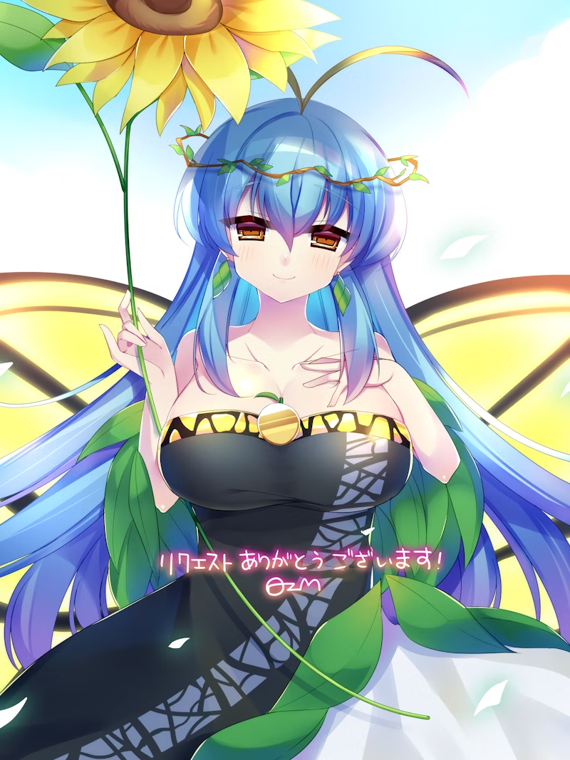 1girl aged_up antennae between_breasts blue_hair breasts brown_eyes butterfly_wings cleavage closed_mouth collarbone dress eternity_larva eternity_larva_(the_butterfly_fairy_who_approached_god) flower hand_on_own_chest happy head_wreath holding holding_flower insect_wings kujou_mikuru large_breasts leaf long_hair smile solo strapless strapless_dress sunflower touhou touhou_lostword very_long_hair wings