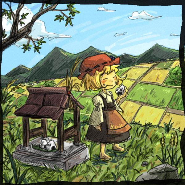 1girl aki_minoriko barefoot chibi cloud day eating closed_eyes female_focus food fruit grapes hat kiga3bon marukei_(kuramaruk) onigiri solo touhou tree