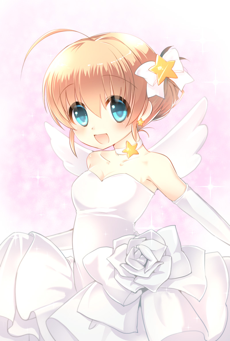 1girl :d ahoge angel_wings bare_shoulders blonde_hair bow choker dress earrings elbow_gloves gloves green_eyes hair_bow hair_ornament jewelry kamikita_komari little_busters! open_mouth ponytail remotaro short_hair smile star_(symbol) star_earrings star_hair_ornament strapless strapless_dress white_dress white_gloves wings