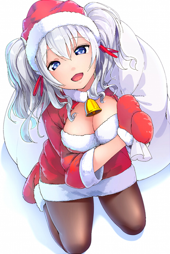 10s 1girl :d alternate_costume bad_id bad_pixiv_id bell black_pantyhose blue_eyes breasts christmas cleavage female_focus gloves kantai_collection kashima_(kancolle) large_breasts looking_at_viewer magenta_(atyana) mittens open_mouth pantyhose red_gloves red_mittens sack santa_costume silver_hair simple_background smile solo twintails white_background