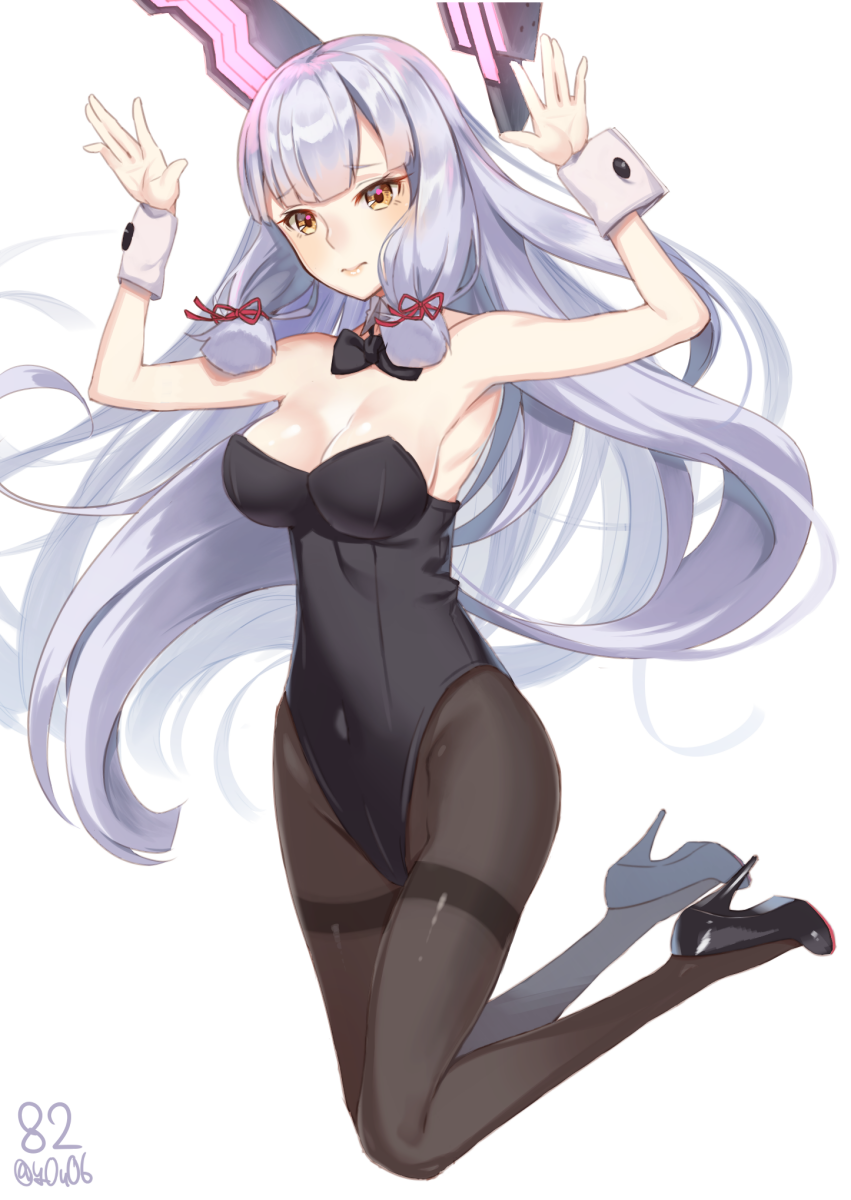 10s 1girl arms_up bow bowtie detached_collar female_focus grey_hair headgear highres jumping kantai_collection leotard long_hair murakumo_(kancolle) orange_eyes pantyhose playboy_bunny solo thighband_pantyhose wrist_cuffs you06