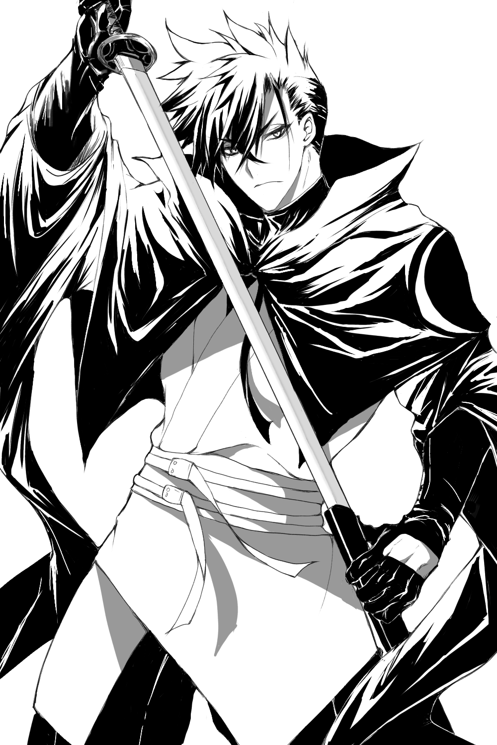 1boy black_cape black_gloves black_hair cape frown gloves greyscale hair_between_eyes highres holding holding_sword holding_weapon japanese_clothes kimono kurima_raizou looking_at_viewer male_focus miosaka0000 monochrome revenger sheath solo standing sword unsheathing weapon