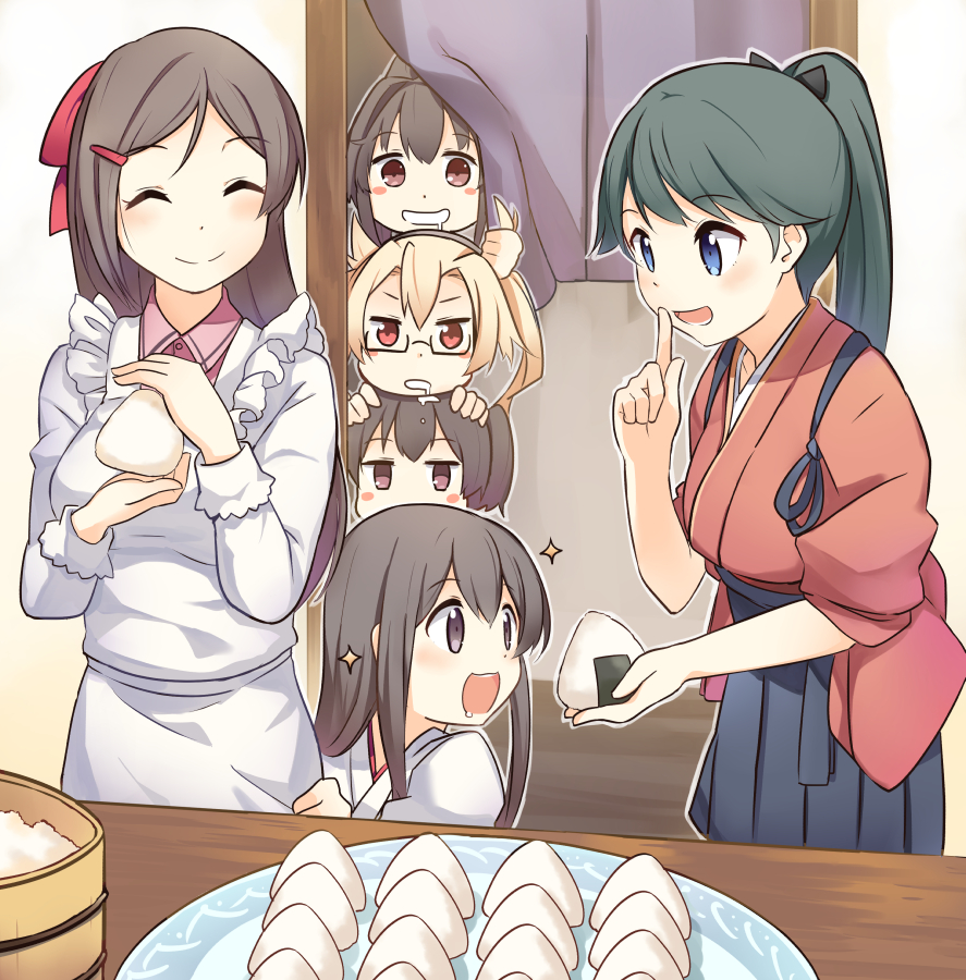 10s 5girls ^_^ akagi_(kancolle) apron black_hair black_skirt blonde_hair blue_eyes blush blush_stickers brown_hair closed_eyes drooling closed_eyes food hair_ornament hairclip hakama hakama_short_skirt hakama_skirt high_ponytail houshou_(kancolle) ido_(teketeke) japanese_clothes kaga_(kancolle) kantai_collection kappougi mamiya_(kancolle) multiple_girls musashi_(kancolle) ohitsu onigiri peeking_out pleated_skirt pointy_hair side_ponytail skirt smile sparkle tasuki twintails yamato_(kancolle) aged_down